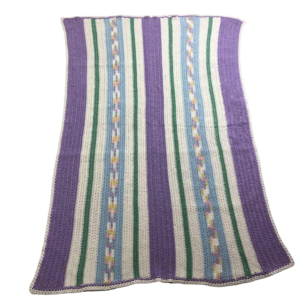 Handmade Crochet Afghan Baby Blanket Pink Light Blue Pastel Colors Easter
